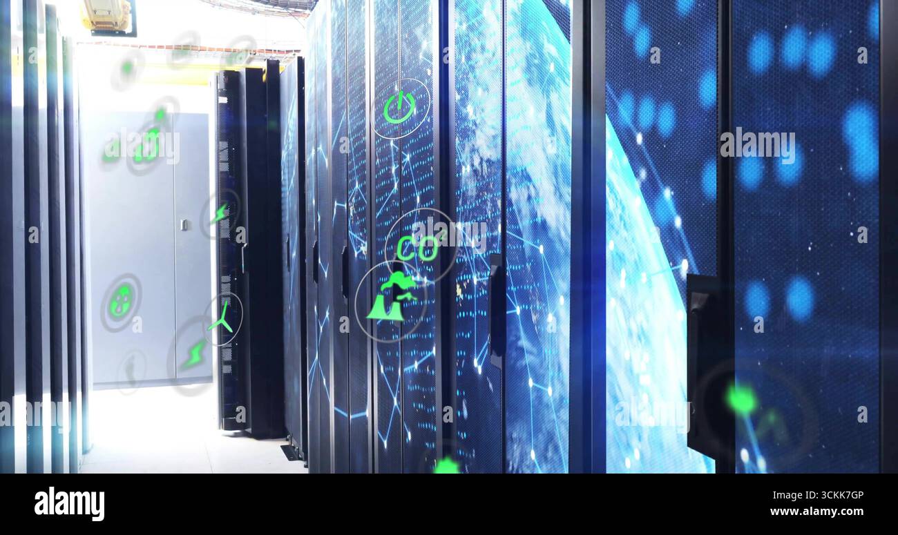 Displaying central server rack with network hardware CO? and globe icon in data center aisle Stock Photo