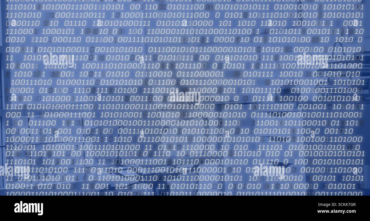 Streaming rows of binary digits scrolling across blue gradient interface, with binary code pattern Stock Photo