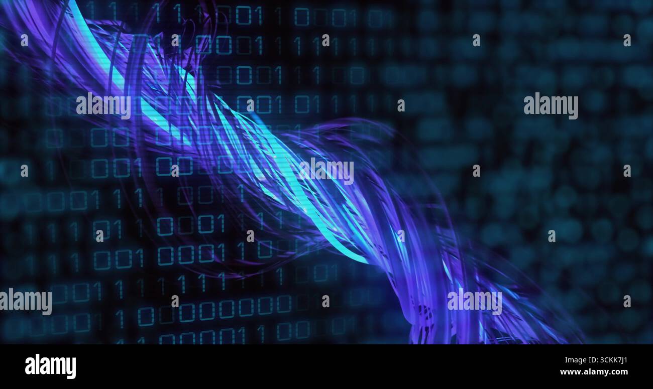 Neon blue and purple data stream twisting diagonally in digital backdrop, with floating binary grid Stock Photo
