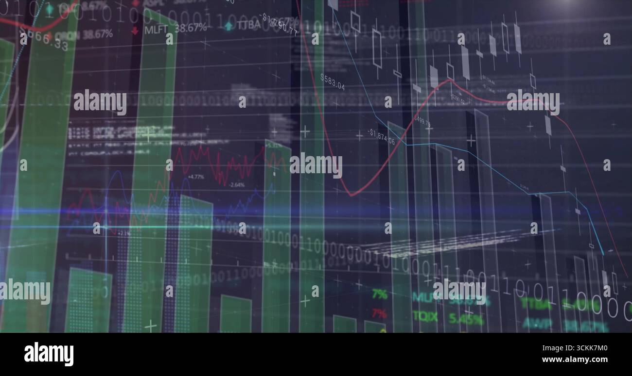 Displaying data in trading interface, with chart elements, binary code, percent labels and grid Stock Photo