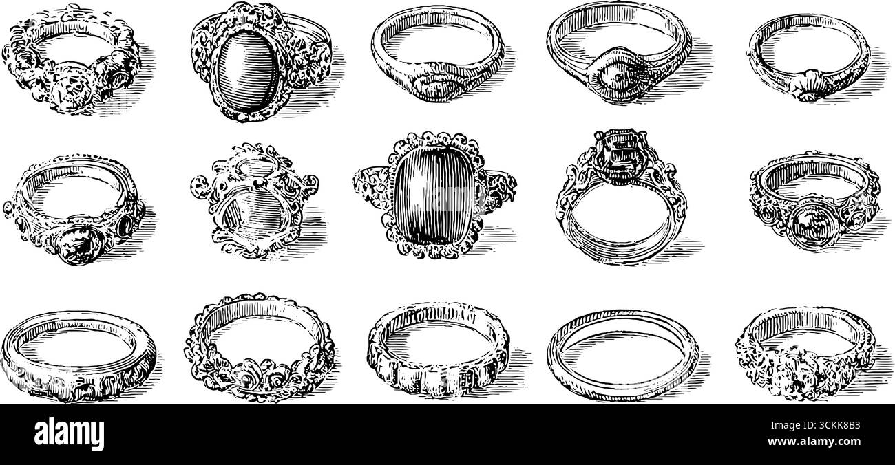 Vintage black and white engraving of antique rings - hand drawn ...
