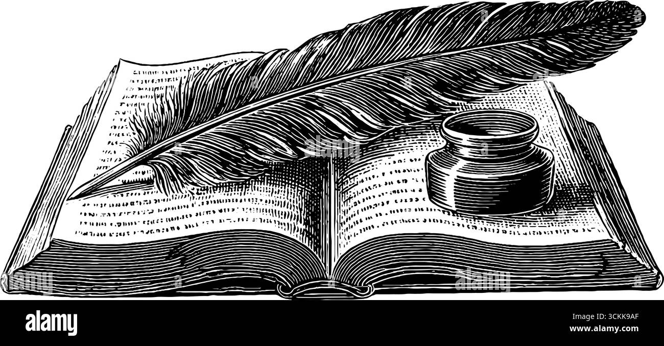 Vintage open book with feather quill and ink bottle hand drawn ...