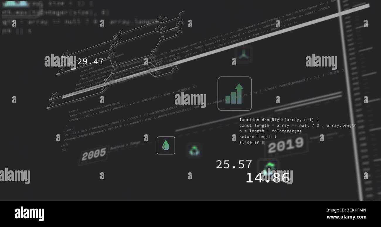 Displaying JavaScript dropRight with floating numeric metrics and analytics icons on code editor Stock Photo