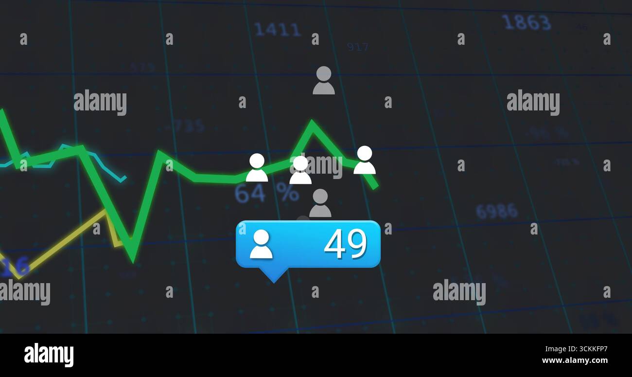Displaying blue notification bubble marking 49 users on analytics dashboard, with green line graph Stock Photo
