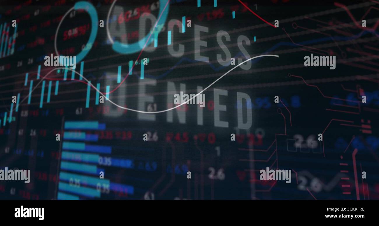 Displaying text reading ACCESS DENIED on digital interface, with data charts and circuit pattern Stock Photo