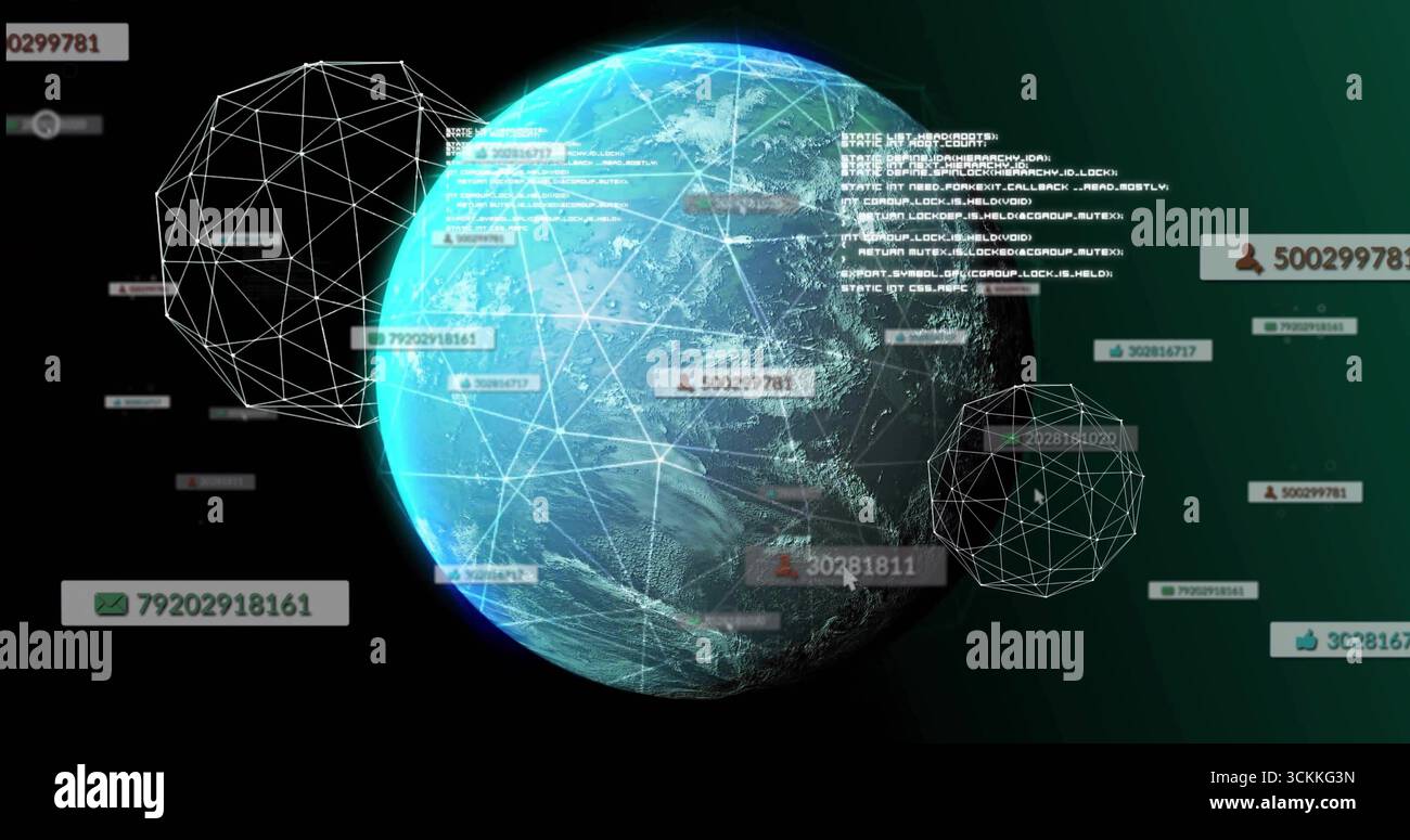 Floating Earth globe projecting white network lines in space, with orbiting nodes and UI elements Stock Photo