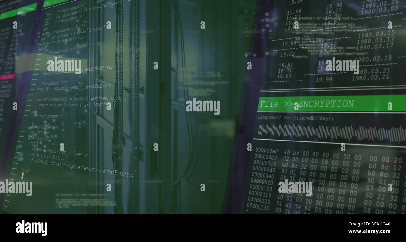 Displaying server rack with cables in data center, showing green code and encryption progress panel Stock Photo
