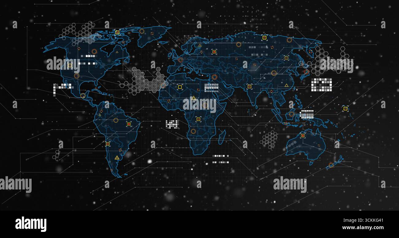 Displaying glowing blue world map linking data nodes in AR UI, with ...
