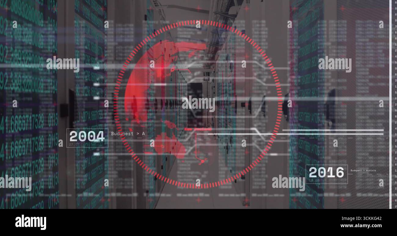 Displaying red interface showing world map in rack corridor, with code streams, timeline markers Stock Photo