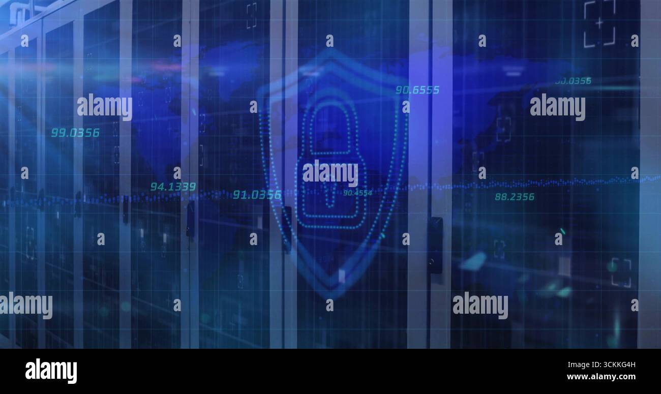 Shield icon with lock hovering in data center, with server racks, LED indicators and grid overlay Stock Photo