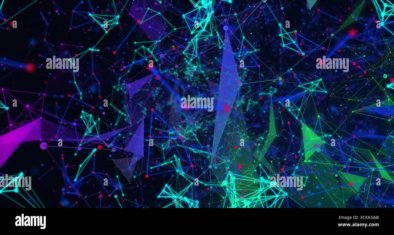 Floating network structure forming glowing nodes and neon lines in digital void, polygon planes Stock Photo