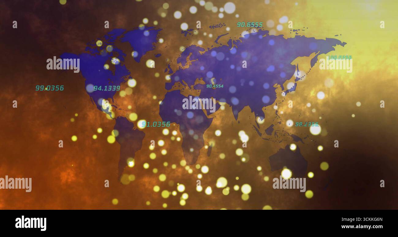 Translucent world map showing data on textured amber background, with glowing bokeh, numeric labels Stock Photo