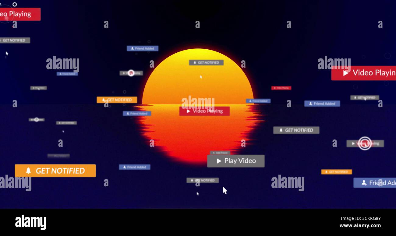 Displaying gradient orb glitching in user interface, showing GET NOTIFIED badges and pointer cursor Stock Photo