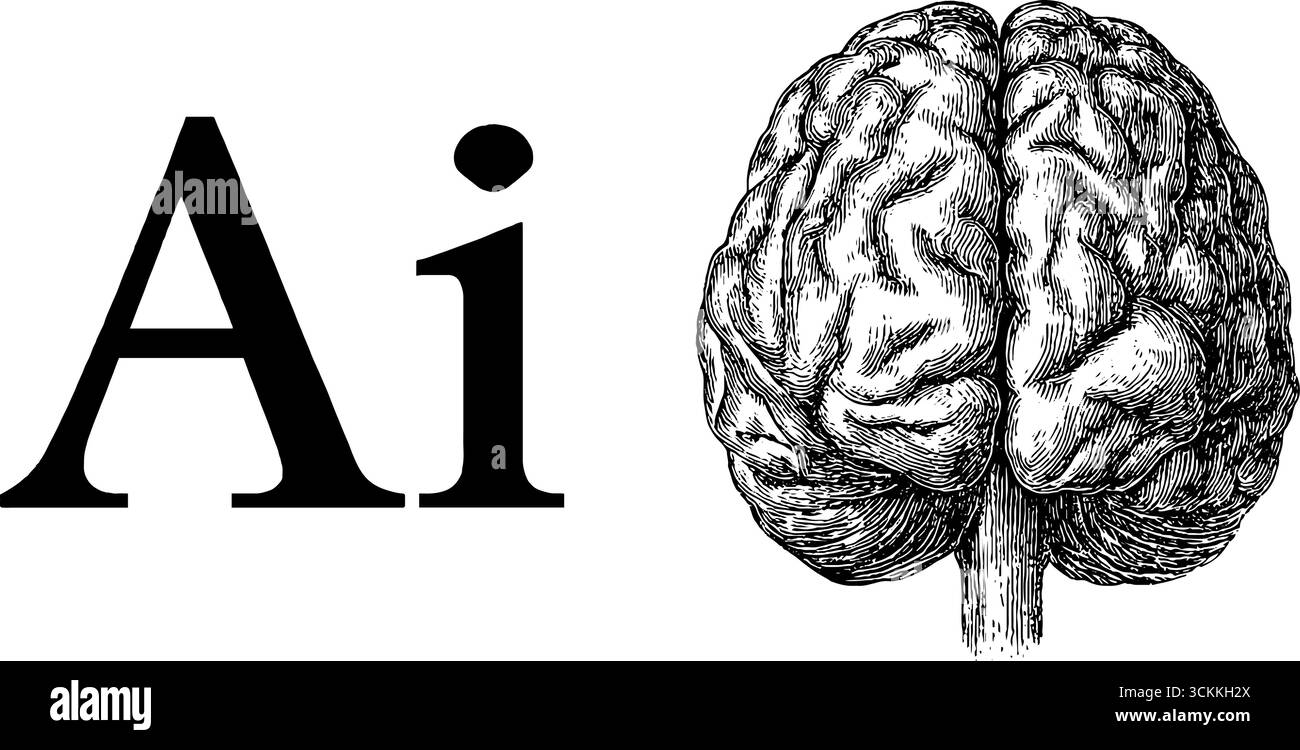 Artificial intelligence and human brain concept in engraved art design. Stock Vector