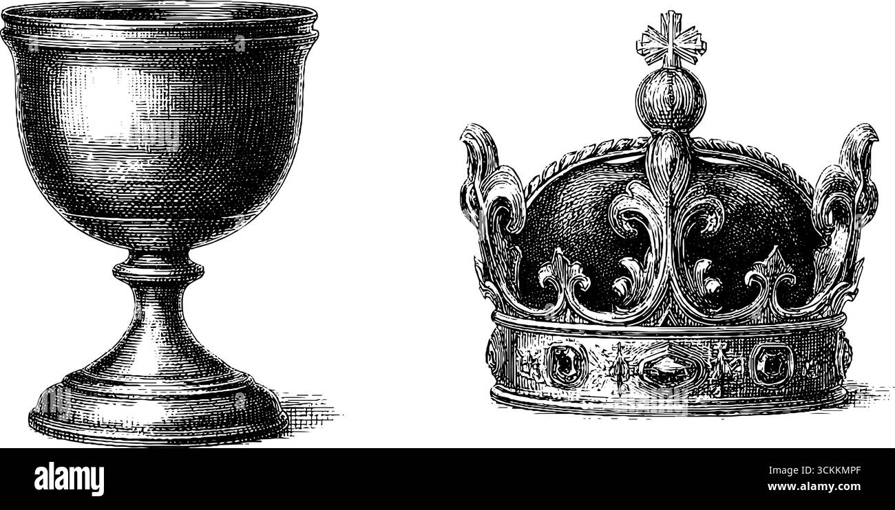 Vintage engraved goblet and crown illustration set for historical ...