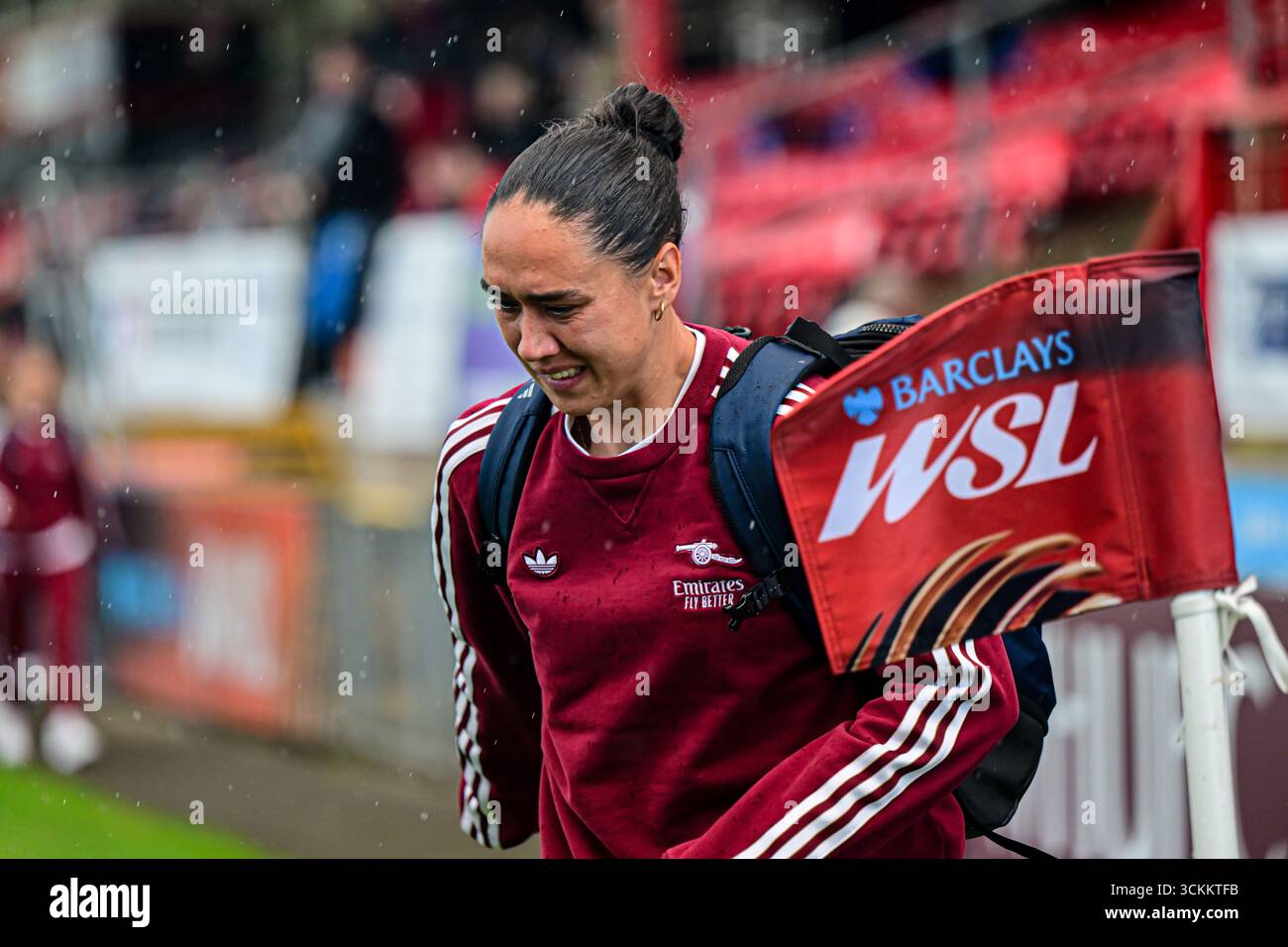 Goalkeeper Manuela Zinsberger (1 Arsenal) walks past WSL corner falg on way to changing rooms during the Barclays FA Women's Super League match between West Ham United and Arsenal at the Chigwell Construction Stadium, Dagenham on Friday 12th September 2025. (Photo: Kevin Hodgson | MI News) Credit: MI News & Sport /Alamy Live News Stock Photo