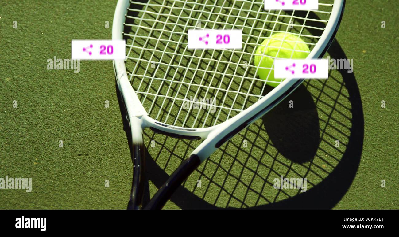 Resting tennis racket and ball with digital overlay share icons ...