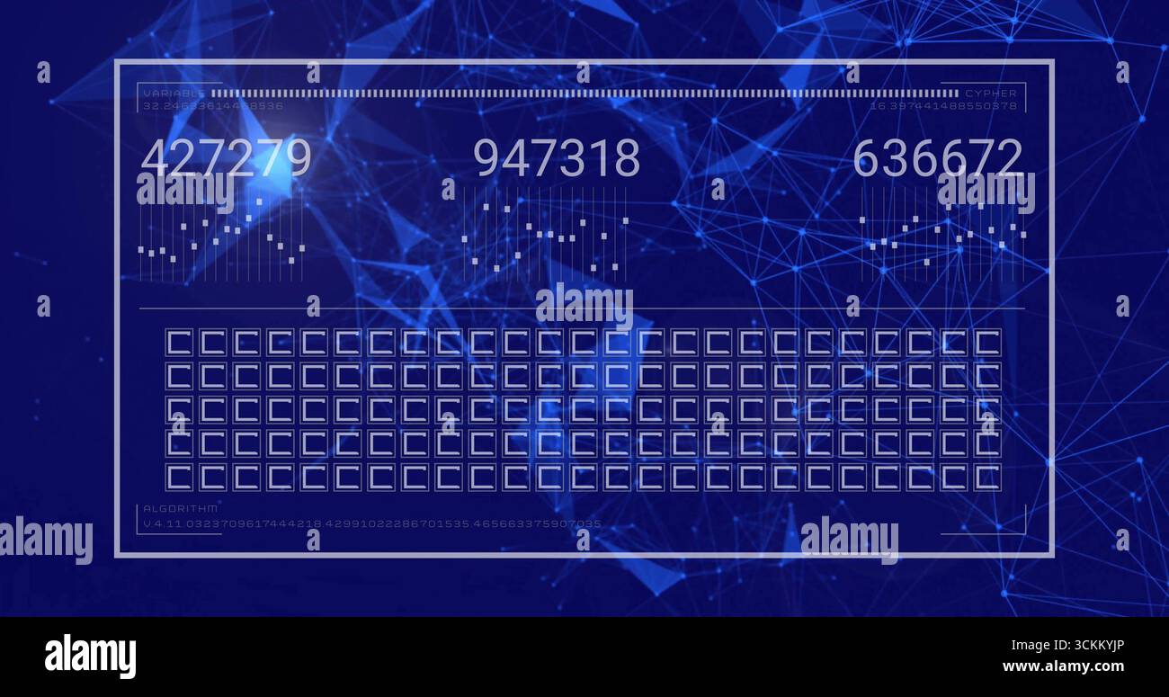 Displaying white overlay rendering numeric codes with bar graphs and grid in blue network backdrop Stock Photo