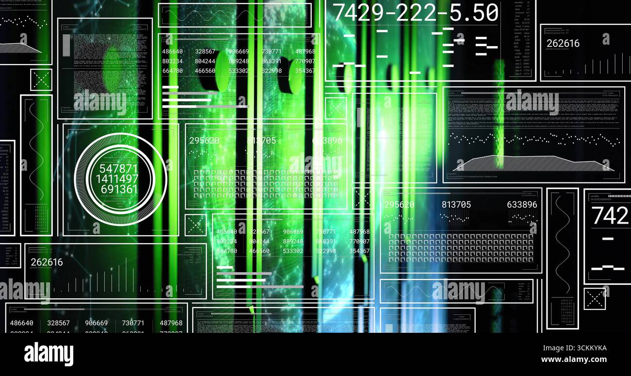Showing data interface lighting with green beams in HUD, displaying numeric sequences and panels Stock Photo