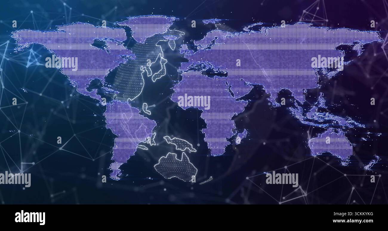 Displaying purple world map on network interface, with dotted grid, mesh lines and node connections Stock Photo