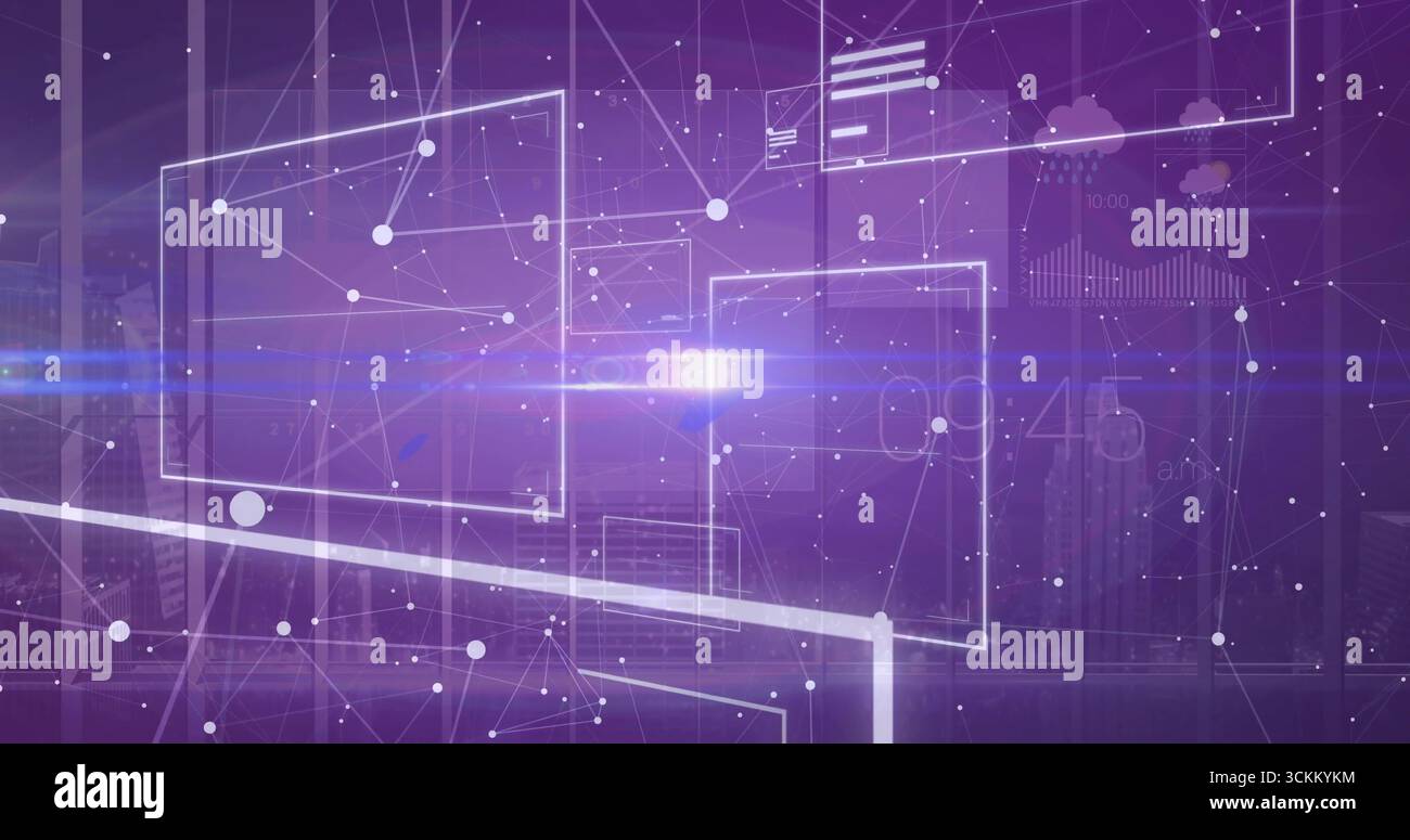 Projecting holographic interface in high-rise room, floating network nodes and data panels Stock Photo