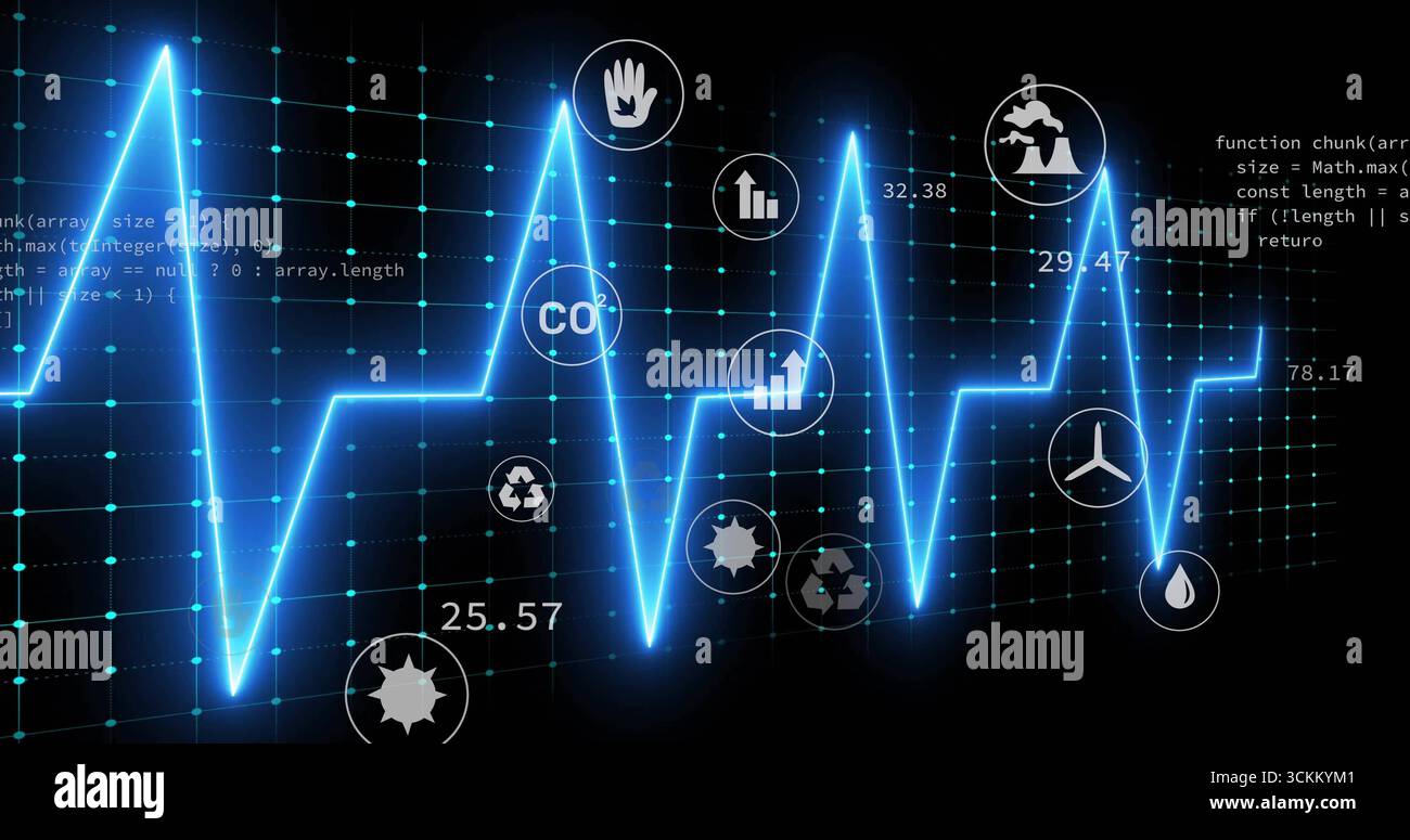 Displaying glowing blue waveform oscillating over grid interface, with CO? icon and code overlay Stock Photo
