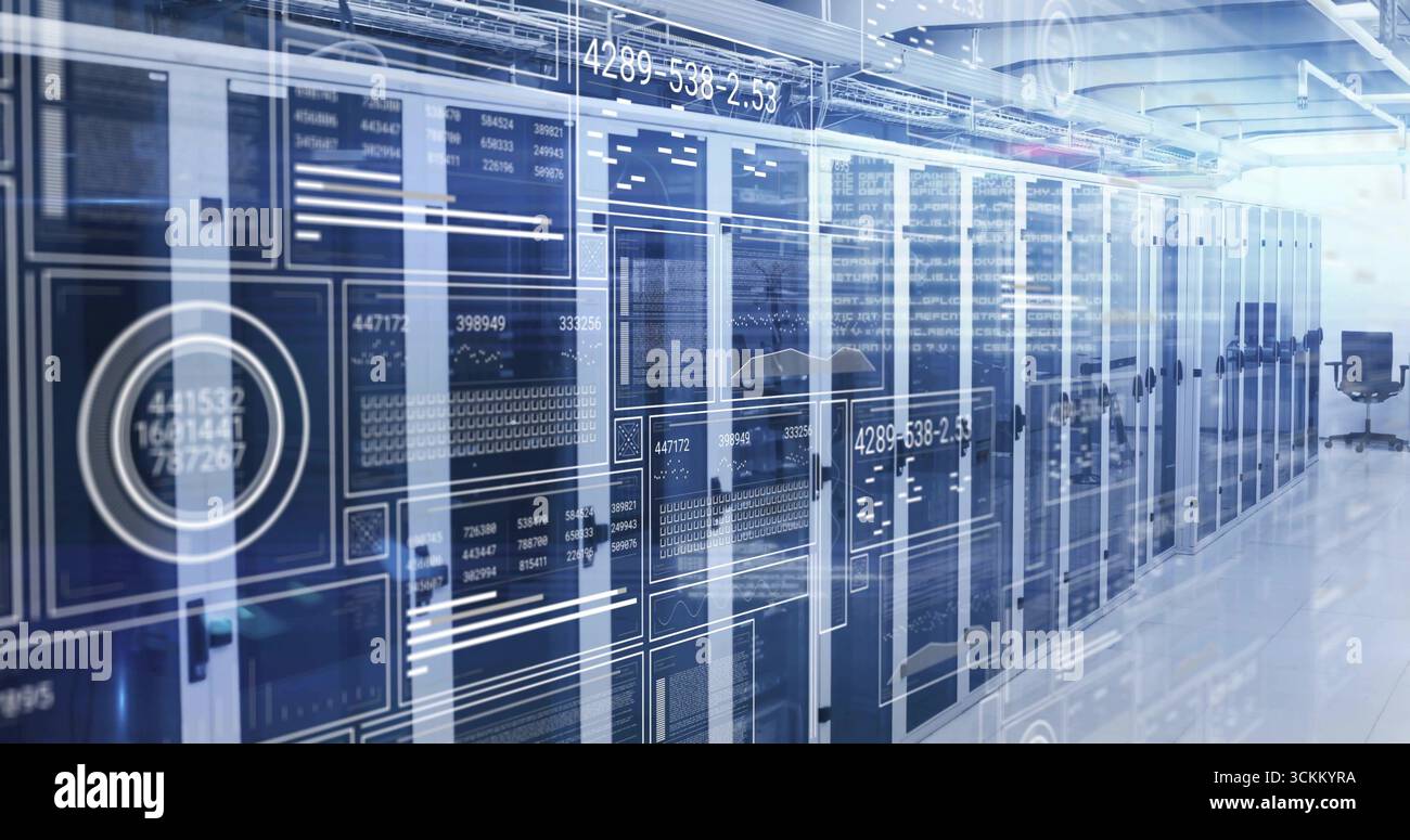 Displaying server racks showing cables lining center hall, floating AR overlays and rolling chair Stock Photo