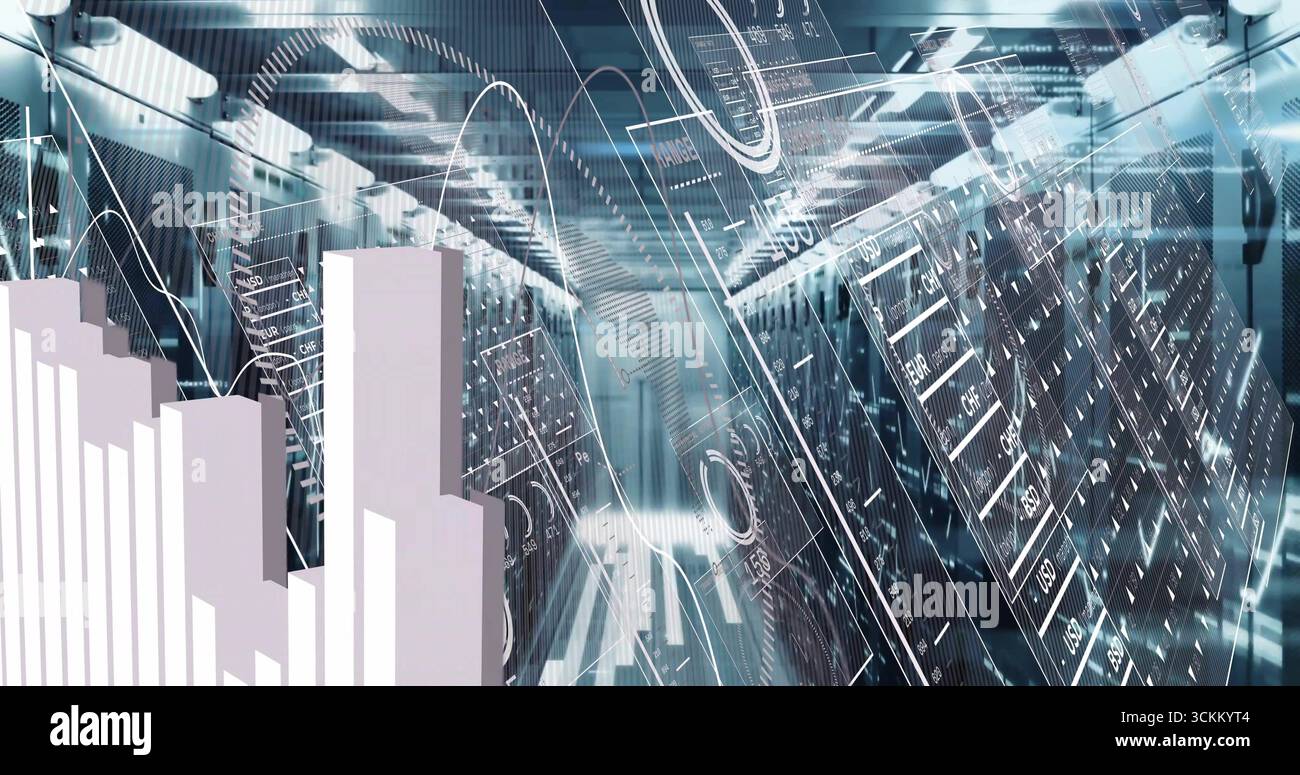 Displaying server racks streaming digital line graphs in data center corridor, with LED indicators Stock Photo