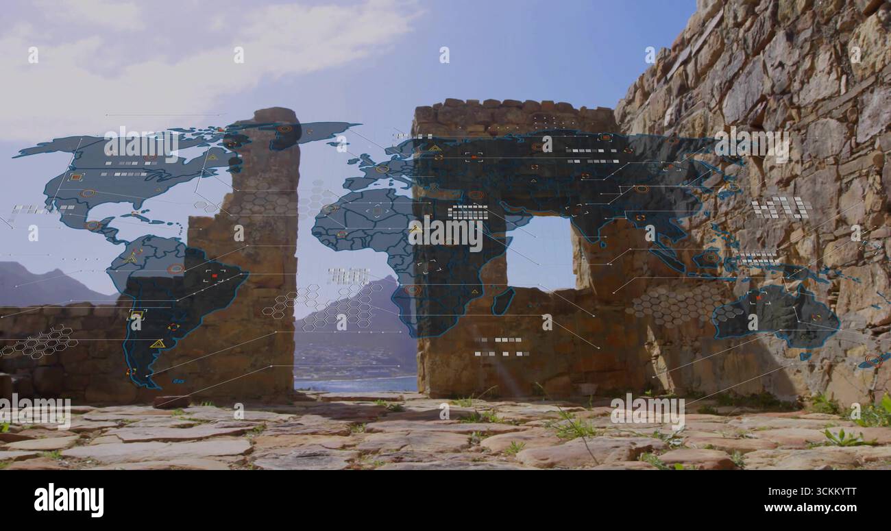 Displaying central ruin arches framing calm sea view on platform, with network overlay data points Stock Photo