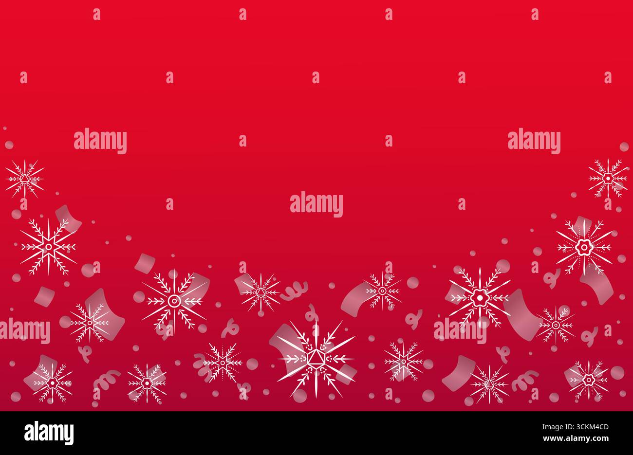 Gradient red background with white snowflakes and silver confetti, arc shape pattern. Festive aesthetic banner. Vector backdrop for winter holidays Stock Vector