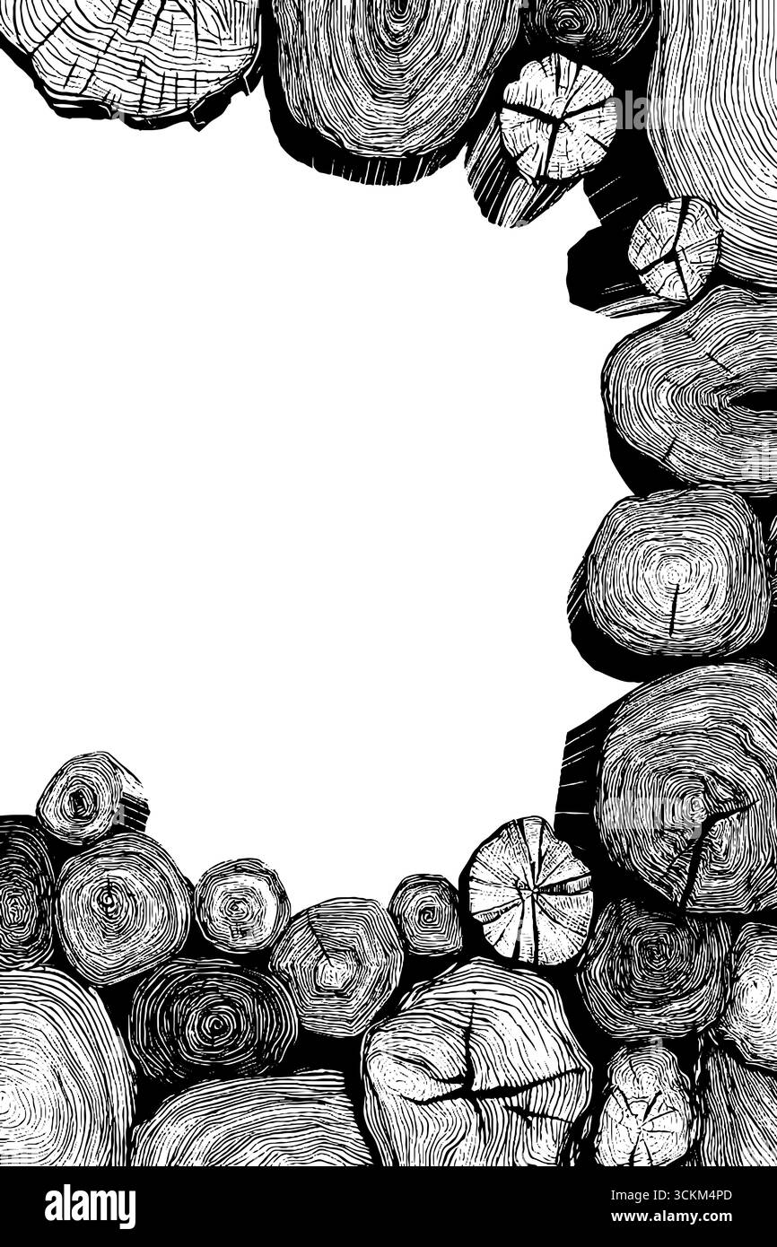 Abstract border with stacked logs and spiral grain patterns for rustic ...