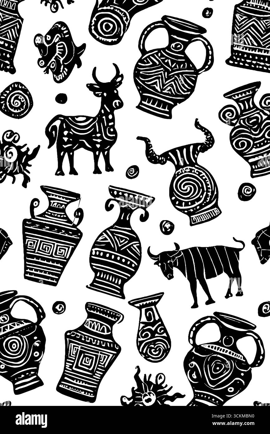 Greek mythology inspired pattern with amphora and mythical creatures ...