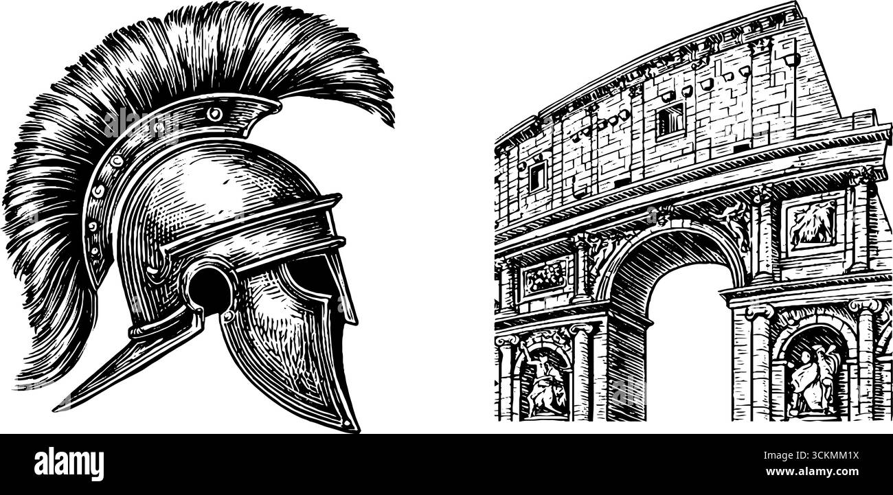 Engraved illustration collection of roman gladiator helmets and ...