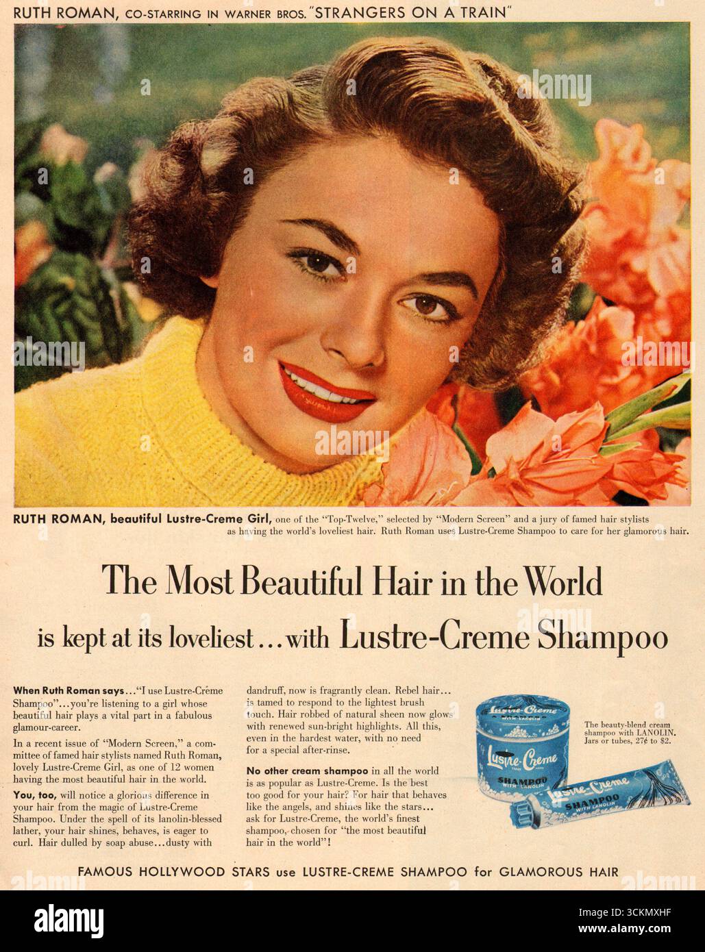 1951 Lustre-Creme Shampoo ad featuring actress Ruth Roman. Stock Photo