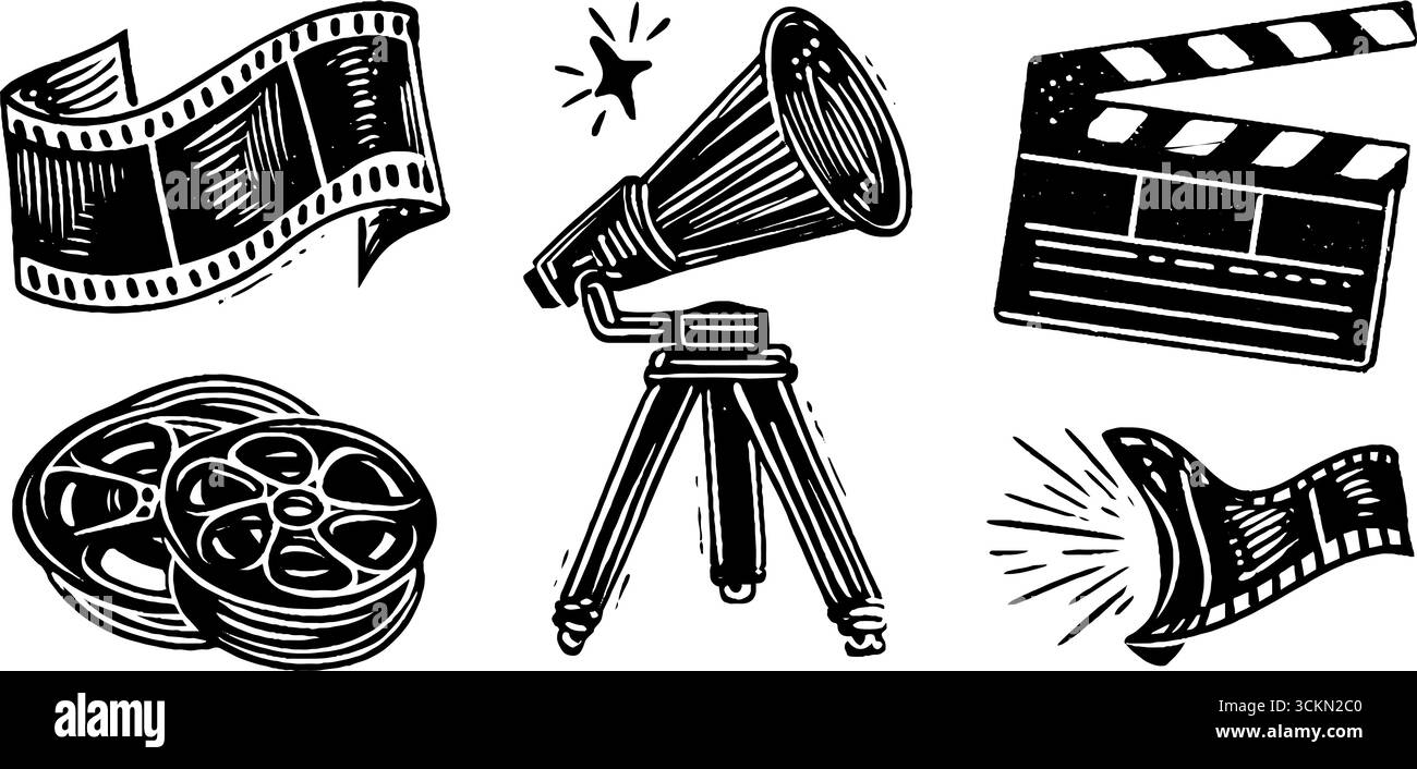 Vintage film strip and cinema tools engraving for movie-themed design projects. Stock Vector