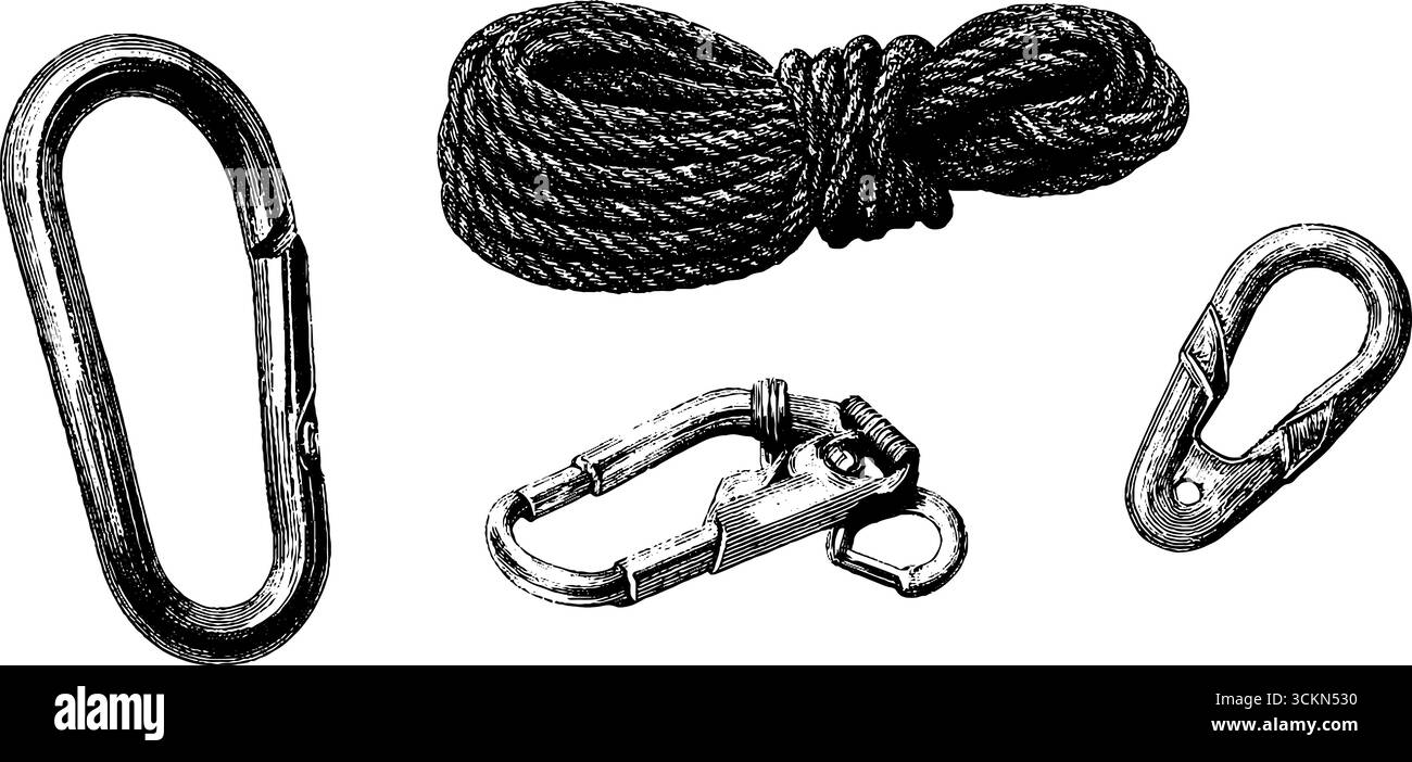 Engraved set of mountaineering ropes and carabiners for outdoor ...