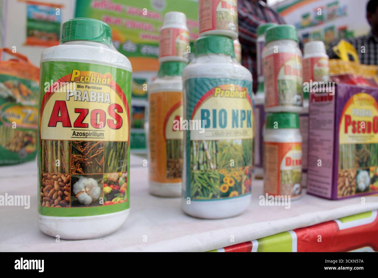 Agricultural products and bio-fertilizers on display at a farmers ...
