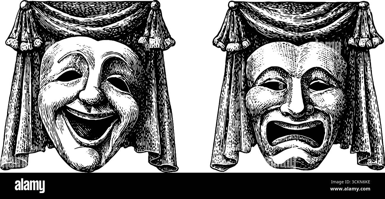 Tragedy Mask Example Engraved illustration of comedy and tragedy masks for theater design ...