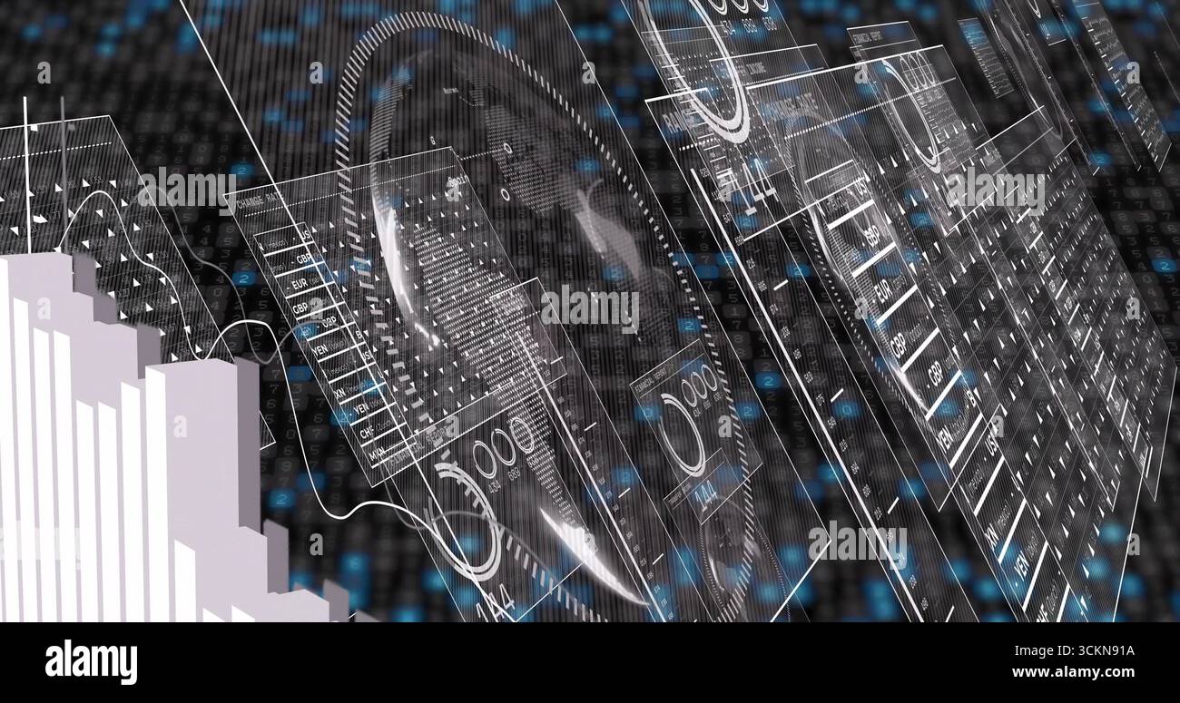 Floating translucent dashboards displaying line graphs on dark binary grid, showing glowing links Stock Photo