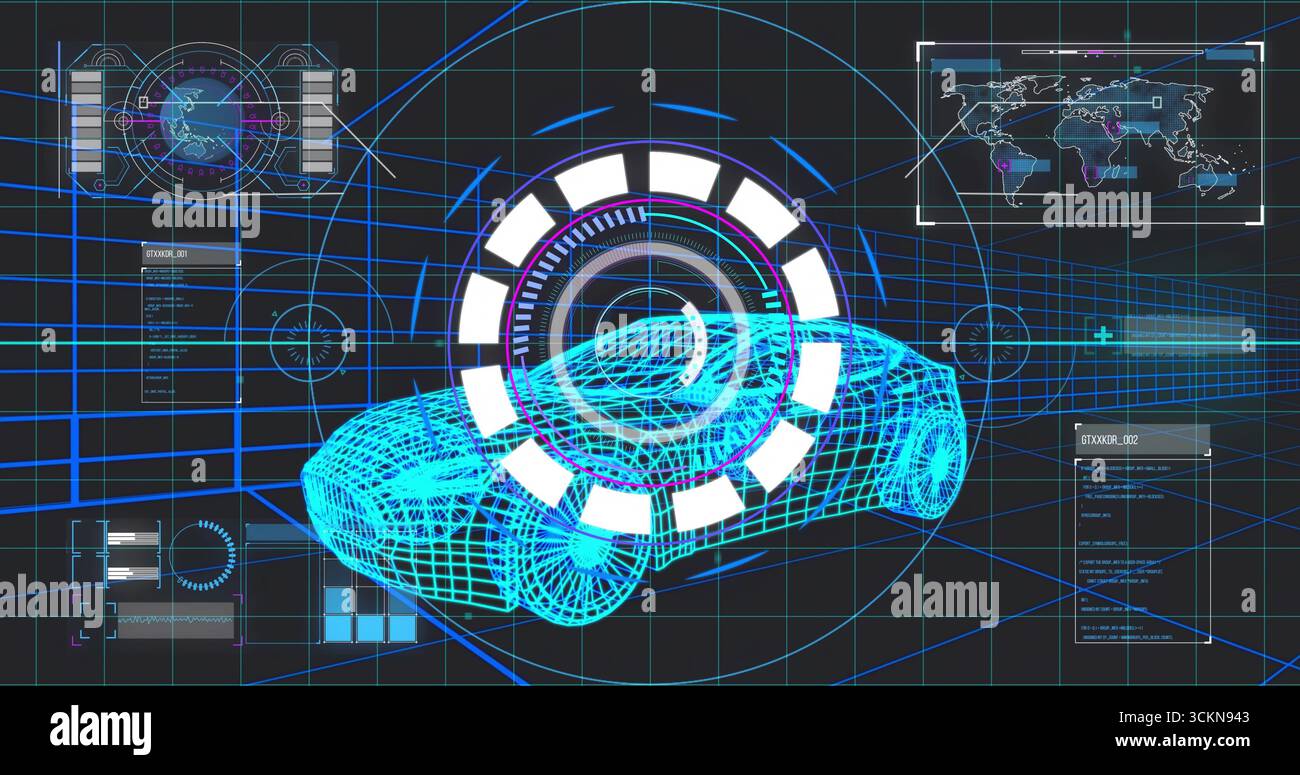 Displaying blue wireframe car model in digital workspace, with progress indicator and map overlay Stock Photo
