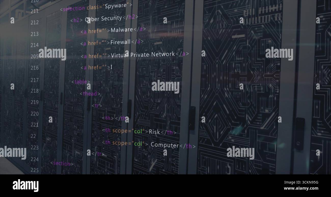 Displaying server cabinets with blinking LED lights in data center, showing cybersecurity HTML code Stock Photo