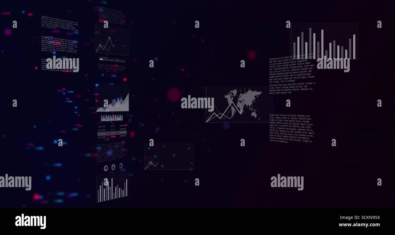 Displaying floating data panels in virtual interface, with charts map overlay and particles Stock Photo