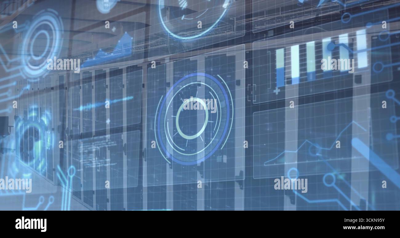 Displaying holographic interface scanning data center corridor, with circular scanner, chart panel Stock Photo