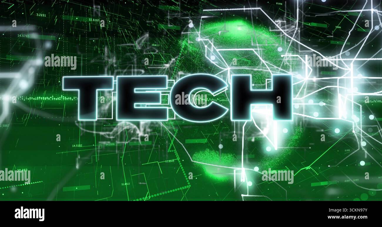 Displaying bold TECH text glowing with network lines and circular nodes in grid, with numeric codes Stock Photo