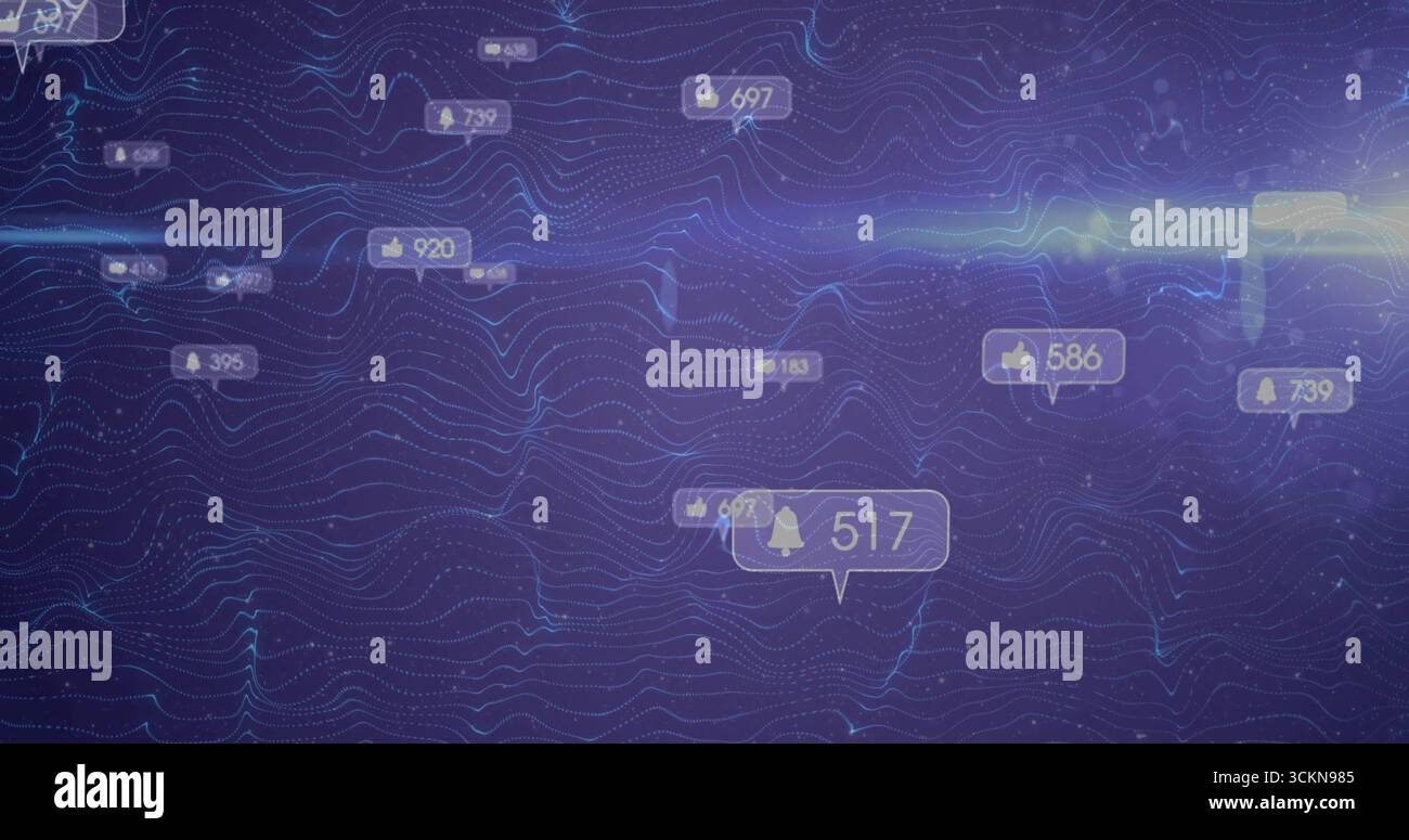 Displaying blue-purple data waves flowing on virtual dashboard, with floating notification badges Stock Photo