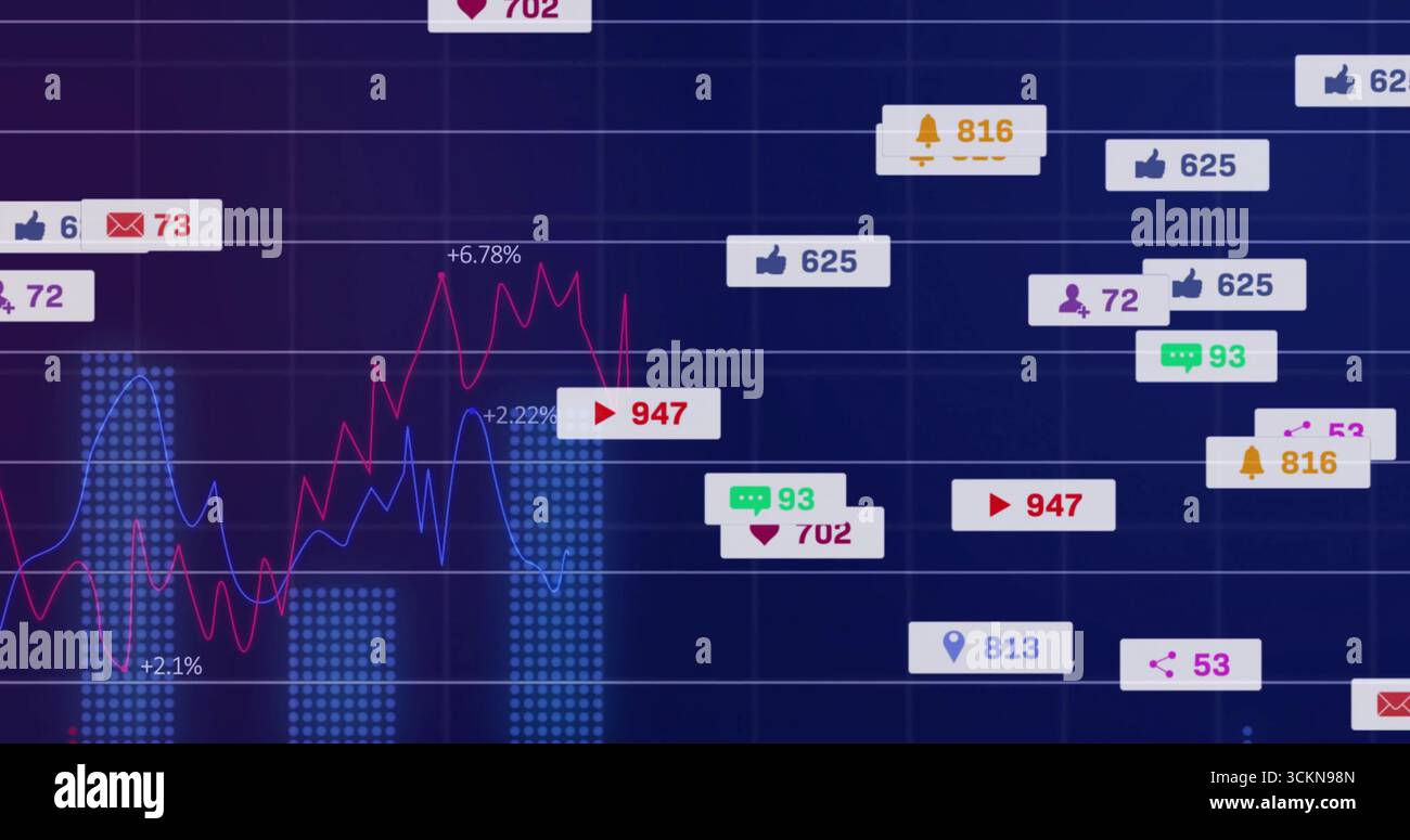 Displaying analytics UI on dark grid, showing multi-color line graph, dotted bars, metric widgets Stock Photo
