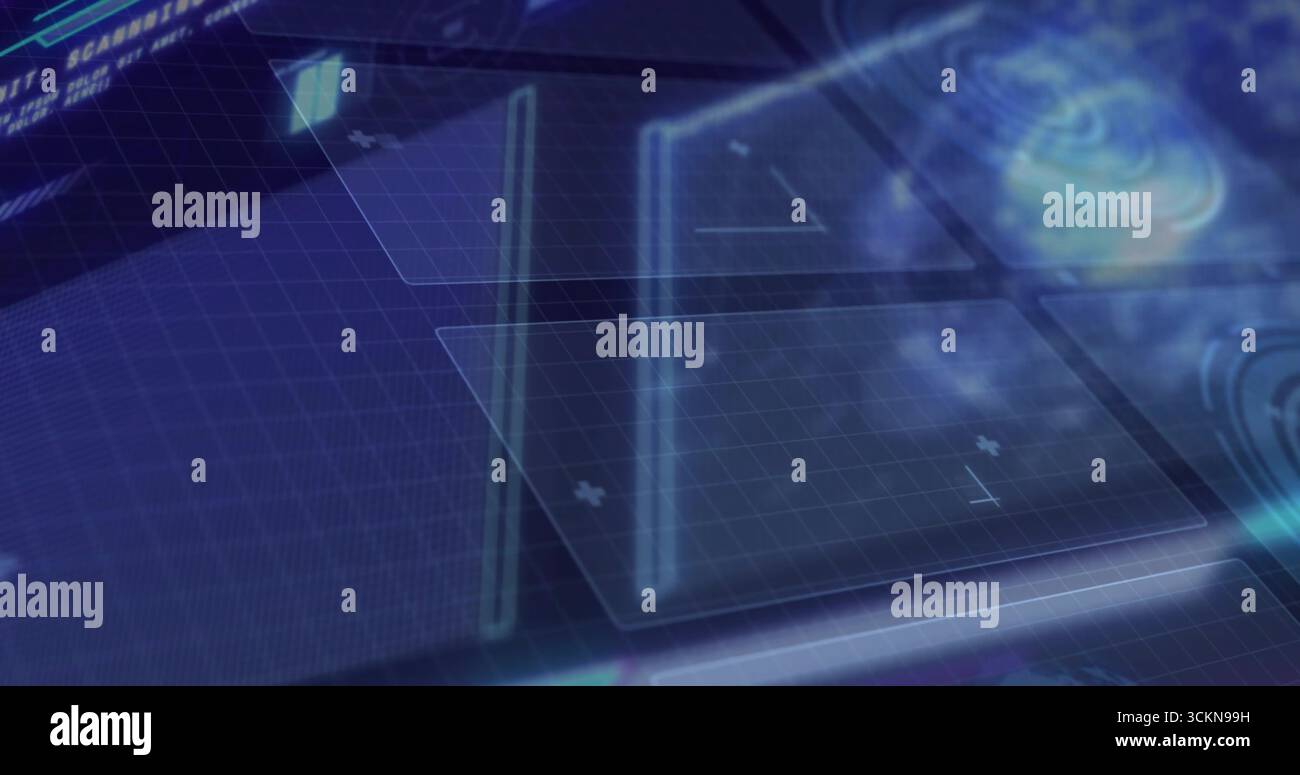 Floating holographic panels over grid interface, showing data readouts ...