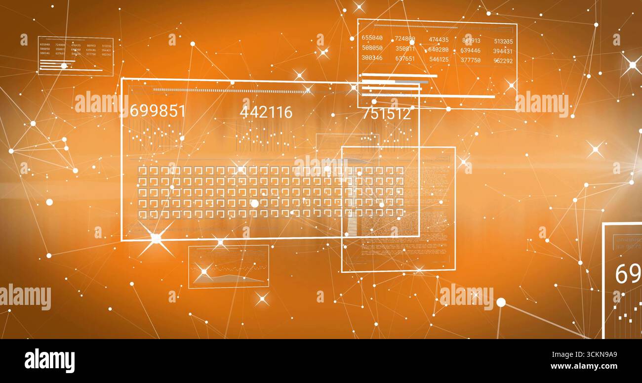 Showing translucent UI panel presenting numeric data grid in digital space, with glowing node mesh Stock Photo