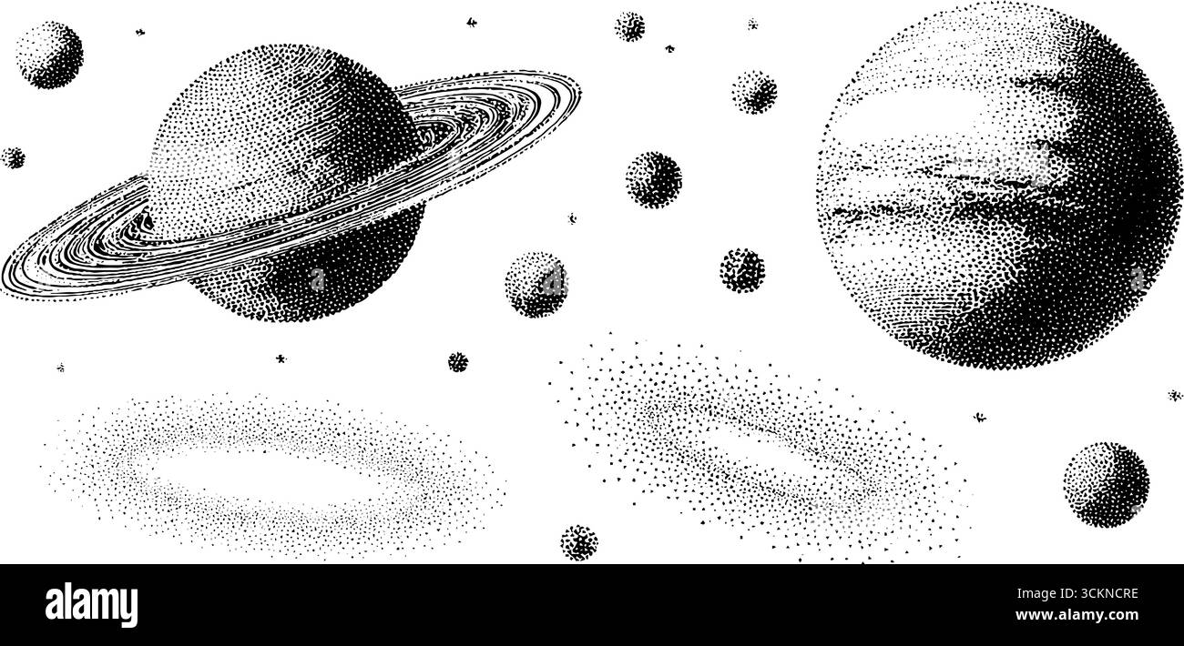Engraved illustration of dotted rings and floating spheres in vintage ...