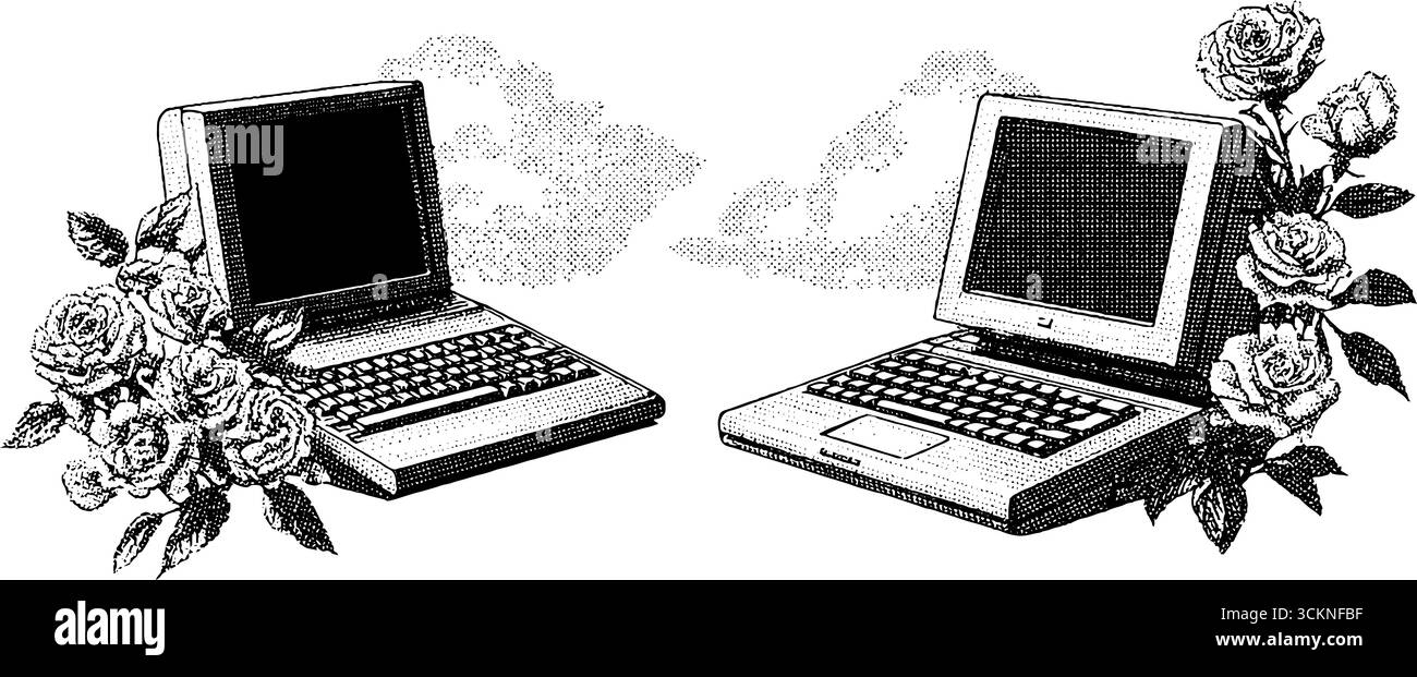 Vintage laptop collection with floral accents for retro technology design. Stock Vector